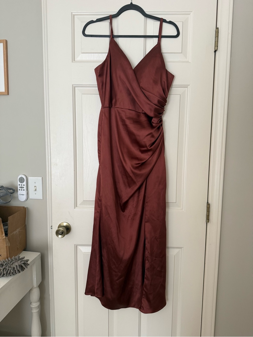 Revelry Rory Satin Slip Dress altered to Tea length in Cinnamon Rose